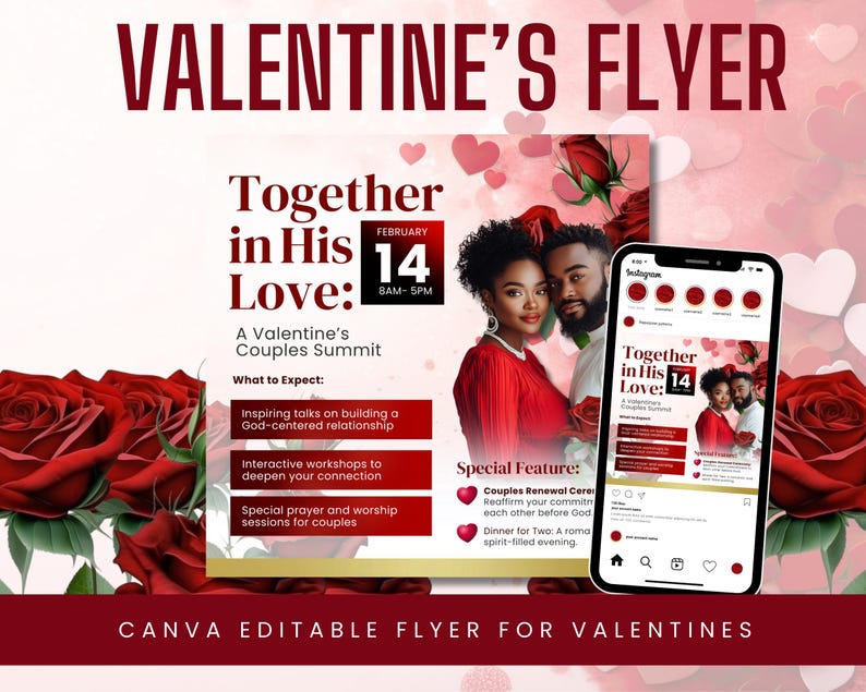 May include: A Valentine's Day flyer with a red and white color scheme. The flyer advertises a "Together in His Love" couples summit on February 14th from 8 AM to 5 PM. The flyer includes details about the summit, such as inspiring talks, interactive workshops, and special prayer and worship sessions for couples.