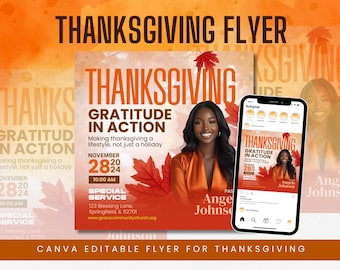 Thanksgiving Church Service Flyer Template | Editable Canva Design | Fall Worship Event Invitation