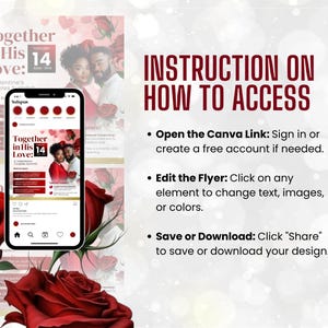 May include: A digital flyer with a red and white color scheme. The flyer is for a Valentine's Day event called "Together in His Love: A Valentine's Couples' Service". The flyer includes a photo of a couple and the text "February 14th, 6:00 PM - 8:00 PM". The flyer also includes instructions on how to access the Canva link to edit the flyer.