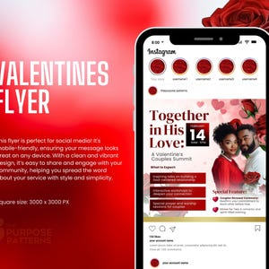 May include: A Valentine's Day couples summit flyer with a red, white, and black color scheme. The flyer features a couple in the center, with the text "Together in His Love: A Valentine's Couples Summit" at the top. The flyer also includes information about the event, such as the date, time, and location.