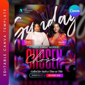 May include: A digital flyer for a church event featuring two individuals, one in a white pleated blouse and one in a colorful orange and pink patterned top. The text reads Sunday, Women's Sunday Worship, Chosen, Called for Such a Time as This.