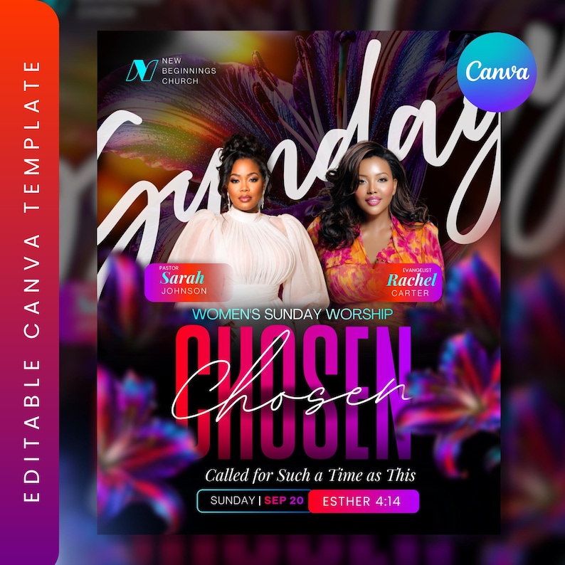 May include: A digital flyer for a church event featuring two individuals, one in a white pleated blouse and one in a colorful orange and pink patterned top. The text reads Sunday, Women's Sunday Worship, Chosen, Called for Such a Time as This.