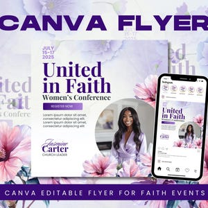 Women in Faith Conference Flyer Canva Template | Violet Floral Church Event Invitation Design