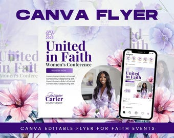 Plantilla de Canva para volante de la Conferencia de Mujeres en la Fe / Diseño de invitación a evento religioso con flores violetas