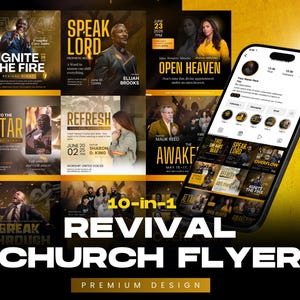 May include: A digital design featuring a collection of church revival flyers. The flyers showcase various themes with images of speakers and event details. A smartphone displays the flyer designs, with the text "10-in-1 Revival Church Flyer".