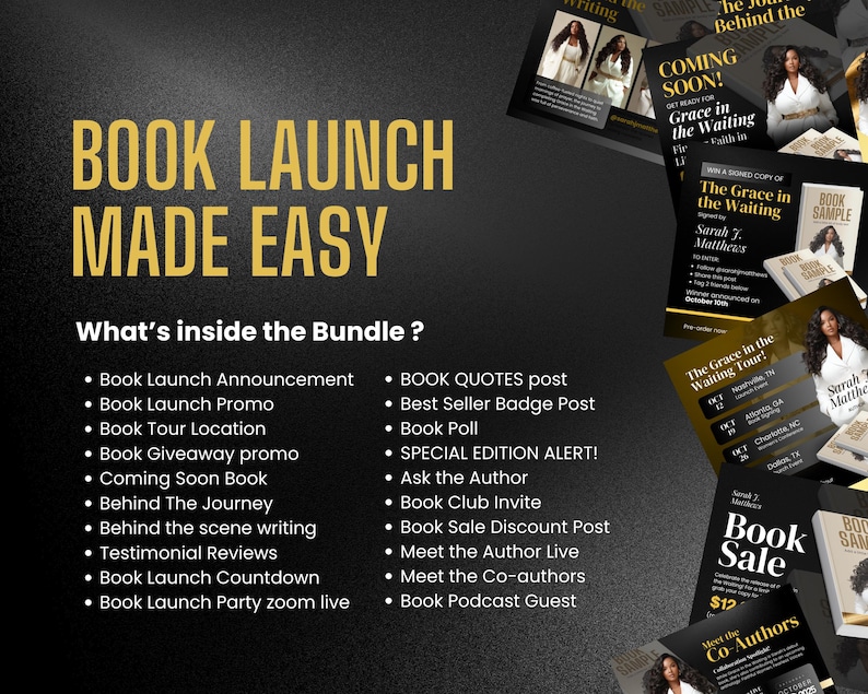 20-in-1 Editable Author Launch Bundle | Customizable Canva Templates | Book Launch Promo Graphics Gold and Black