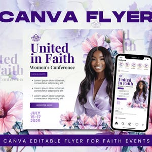 Women in Faith Conference Flyer Canva Template | Violet Floral Church Event Invitation Design