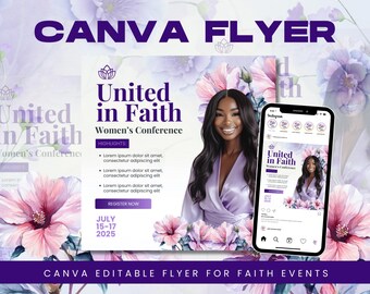 Plantilla de Canva para volante de la Conferencia de Mujeres en la Fe / Diseño de invitación a evento religioso con flores violetas