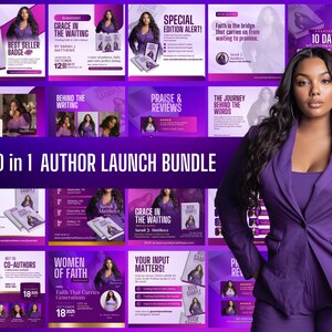 May include: A promotional image for an author's launch bundle, featuring a woman in a purple suit. The image includes various promotional graphics with text such as "Grace in the Waiting," "Best Seller Badge," and "20 in 1 Author Launch Bundle."
