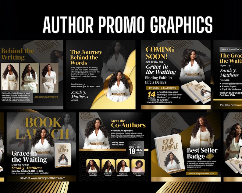 20-in-1 Editable Author Launch Bundle | Customizable Canva Templates | Book Launch Promo Graphics Gold and Black