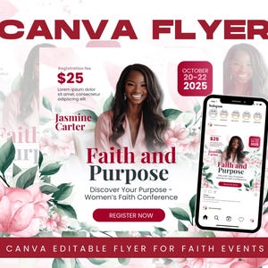 Women in Faith Conference Flyer Canva Template | Pink Floral Church Event Invitation Design