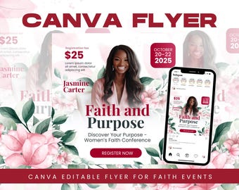 Women in Faith Conference Flyer Canva Template | Pink Floral Church Event Invitation Design