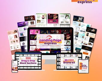 Könnte beinhalten: Ein Computerbildschirm zeigt eine Landingpage-Builder-Software namens "Landing Page express". Die Software bietet 200 Drag-and-Drop-Blockabschnitte, 30 kostenlose Marken-Kits und 100 Landingpage-Vorlagen für verschiedene Nischen.