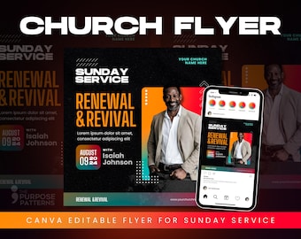 May include: A black and orange flyer with white text that reads "Church Flyer" and "Sunday Service: Renewal & Revival". The flyer features a photo of a man in a suit and a date of August 09, 2024. The flyer also includes the text "With Isaiah Johnson".