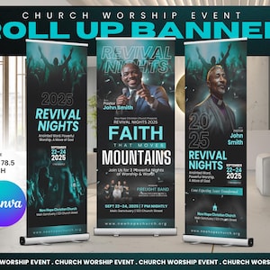 Puede incluir: Tres banners verticales enrollables para un evento de adoración en la iglesia. Cada banner presenta el texto "Revival Nights" y "2025". Los banners miden 85 x 199 cm. Los banners incluyen imágenes de personas y el texto "Faith That Moves Mountains".