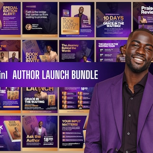 May include: A promotional image for an author's book launch bundle, featuring a smiling man in a purple suit. The image includes various promotional graphics with text such as "Book Launch Party" and "Grace in the Waiting."