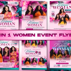 May include: A collection of six event flyers for a "Virtuous Woman" conference. Each flyer features images of women, floral backgrounds, and text including dates, times, and event details. The color scheme is predominantly pink and purple.