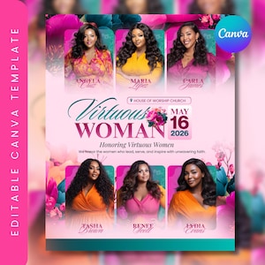 Könnte beinhalten: Ein rosa und floraler Flyer mit sechs Frauenporträts. Der Text lautet "Virtuous Woman" mit dem Datum "16. Mai 2026". Der Flyer ist eine editierbare Canva-Vorlage, die tugendhafte Frauen ehrt.