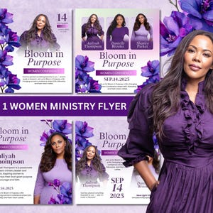 Puede incluir: Folleto promocional para una conferencia de mujeres, con una mujer con un vestido morado. El folleto incluye el texto "Bloom in Purpose" y "Women Conference", junto con la fecha "SEP.14.2025."