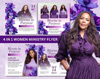 May include: A promotional flyer for a women's conference, featuring a woman in a purple dress. The flyer includes the text "Bloom in Purpose" and "Women Conference," along with the date "SEP.14.2025."