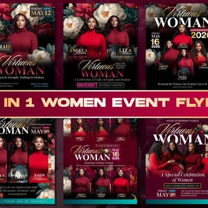 May include: A collection of six event flyers with the theme "Virtuous Woman." Each flyer features images of women, floral backgrounds, and event details. The flyers are in shades of red, burgundy, and white, with event dates and times.