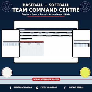 May include: A digital Baseball + Softball Team Command Centre Excel workbook dashboard displayed on a screen. The interface includes sections for Roster, Dues, Travel, Attendance, and Stats. Includes a white baseball and a yellow softball icon.