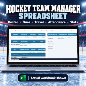 Op de afbeelding: Een laptopscherm met een Hockey Team Manager-spreadsheet met kolommen voor selectie, contributie, reizen, aanwezigheid en statistieken. De interface toont gegevens voor spelers, financiële saldi, evenementenschema's en prestatiestatistieken.