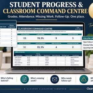 May include: A digital Excel classroom command center displayed on a laptop screen, featuring tables for student grades, attendance, and follow-up summaries. The interface includes columns for missing assignments, current averages, and risk flags for individual students.