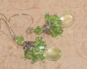 Green Dangle Earrings, Prehnite, Peridot Crystal, Stacked, Cluster,  Sterling Silver, Handmade Jewelry