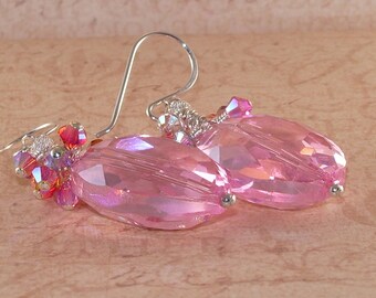 Chunky Quartz Earrings, Pink, Swarovski Crystal, Cluster, Stacked, Sterling Silver, Handmade Jewelry