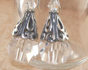 Crystal Earrings, Swarovski, Bali, Cone, Sterling Silver, Handmade Jewelry, DDurda