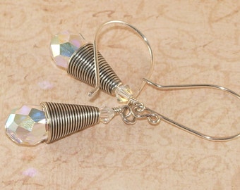 Swarovski Crystal Earrings, Sterling Silver, Bali, Crystal AB, Handmade Jewelry