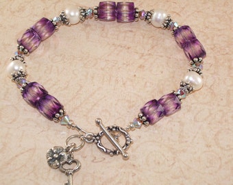 Amethyst and Pearl Bracelet, Swarovski Crystal, Purple, Sterling Silver, Charm, Handmade, DDurda