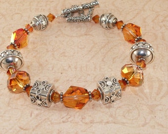 Swarovski Crystal Bracelet, Astral Pink, Orange, Bali, Sterling Silver, Chunky, Handmade Jewelry, DDurda