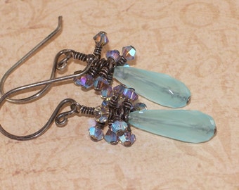 Petite Blue Earrings, Stacked, Quartz,  Swarovski, Greige, 2X AB, Crystal, Sterling Silver, Oxidized,  Handmade Jewelry