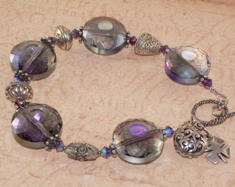 Purple Rainbow Quartz Bracelet, Swarovski, Crystal, Heart, Clover, Charm, Bali, Sterling Silver, Handmade Jewelry