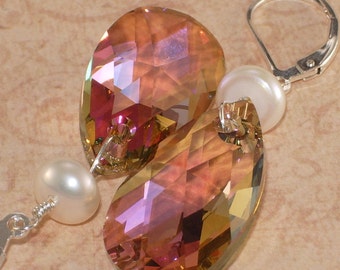 Crystal Earrings, Swarovski, Freshwater Pearl, Wire Wrapped, Sterling Silver, Handmade Jewelry