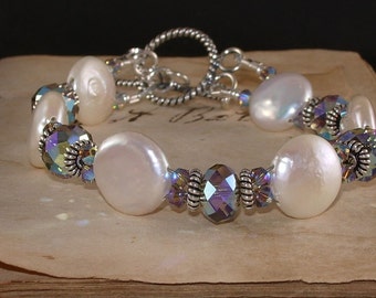 Freshwater Coin Pearl and Swarovski Greige 2X AB Crystal Sterling Silver Bracelet