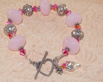 Pink Bracelet, Quartz, Swarovski, Crystal, Fire Opal, 2x AB, Bali, Sterling Silver, Heart, Handmade Jewelry