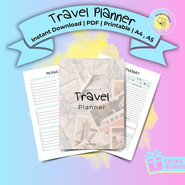 Printable Travel Authentic Planner Ispiring Captivating Trip Organizer Digital Colorful Tour Notebook Creative Interactive Voyage Journal A4