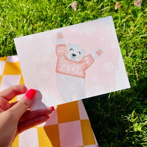 Presente para amigos, animais fofos, impressão de cartão postal BFF, cartão de arte com impressão de urso polar para crianças, mini impressão de menina, cartão de inverno fofo de urso polar