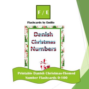 May include: A white background with a green and white design. The image features a flashcard set titled "Danish Christmas Numbers" with numbers 0-100. The text "Flashcards by Emilio" is also present.