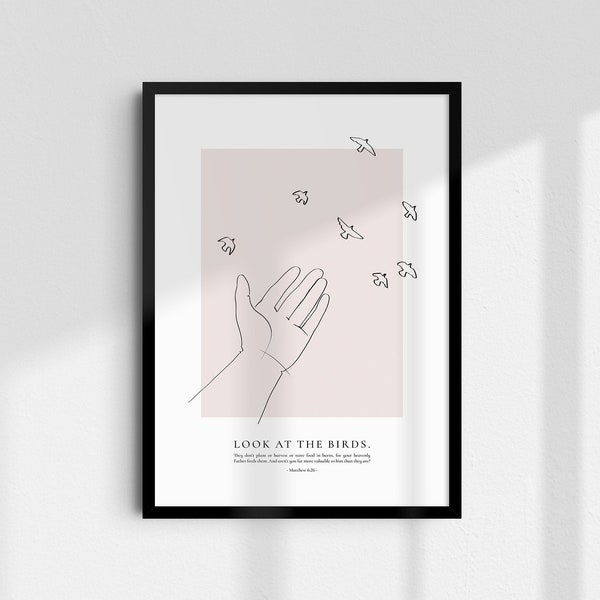 Look At The Birds, Jesus Wall Art, Bible Art, Scripture Artwork, Christian Digital Print, Bible Sketch Poster,Minimalist Faith Printable Art