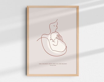 Moederdag cadeau afdrukbare Christian Home Decor Wall Art minimalistische lijntekeningen Bijbel schrift pasgeboren kwekerij tekening Spreuken 31 Poster