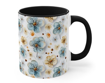 Blue & Cream Pressed Wildflowers Coffee Mug, Tea Cup, 11oz or 15oz - ORCA Coating - Microwave and Dishwasher Safe - Wildflowers Illustration