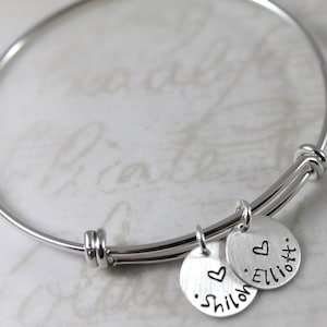 Custom jewelry, silver personalized bracelet, mother gift, expandable bangle bracelet, custom hand stamped names, charm bracelet