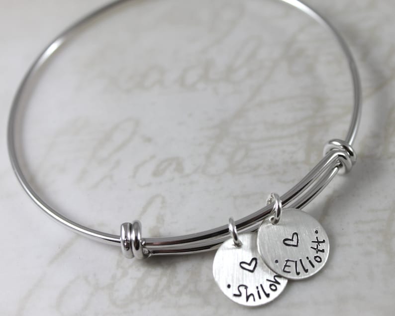 Custom jewelry, silver personalized bracelet, mother gift, expandable bangle bracelet, custom hand stamped names, charm bracelet 