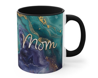 Personalized Name Coffee Mug, Teal, Purple and Gold Marble, 11oz or 15oz, Microwave & Dishwasher Safe, Marble Image with Custom Name