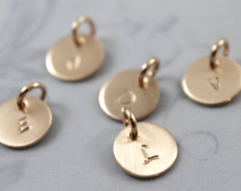 Inspirational, Single initial charm hand stamped, gold filled charm with 1 letter or number, tiny dainty charm