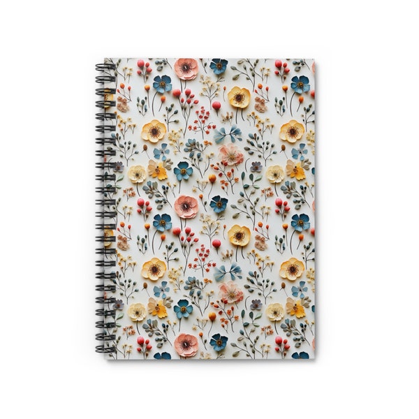 Pretty Pressed Wildflowers Notebook - Spiral Notebook with Ruled Lines,  6x8 Inches - Journal Pressed Wildflowers Artwork Illustration